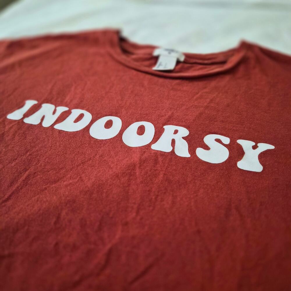 Forever 21 Indoorsy Graphic Tee Burnt Orange Rust Red Retro Font Cropped Small